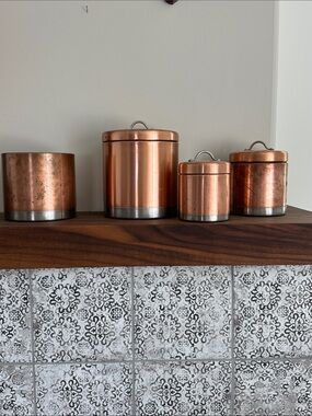 Vintage Old Dutch Int’l 3 pc Copper Plated Canister Set & Bonus Utensil Holder